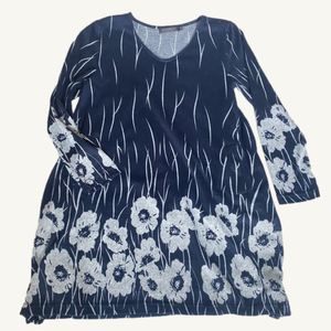 'Orange' Long Sleeve Light Knit Top / Dress Navy Blue & Flowers With Pockets